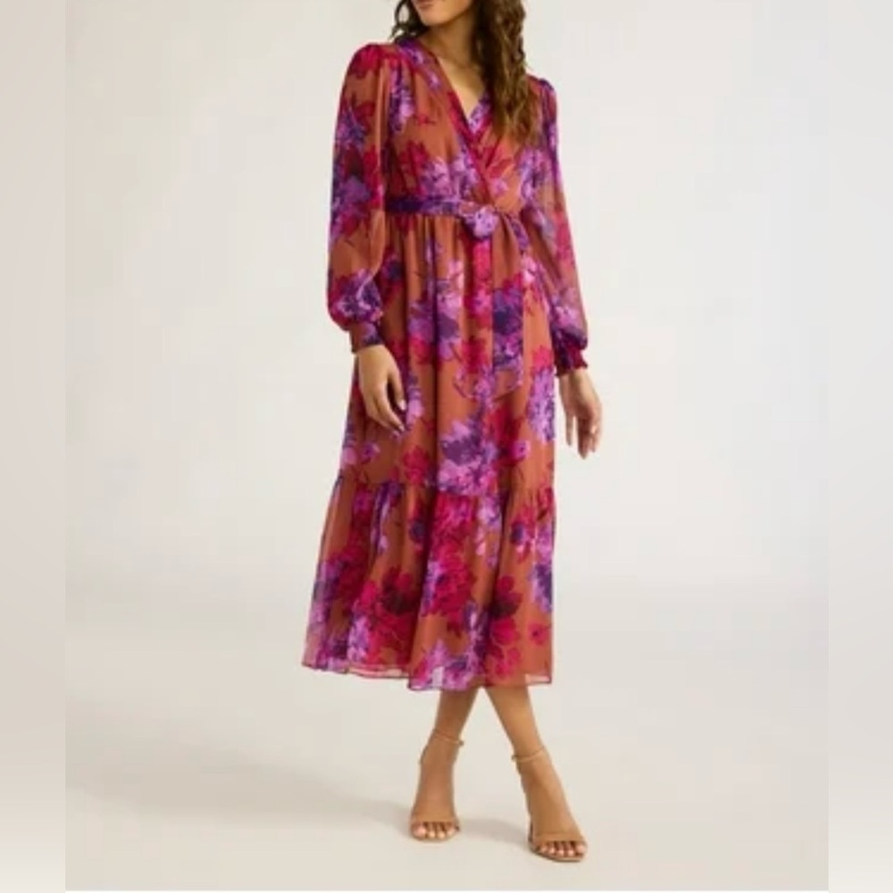 Sofia Vergara Jeans belted cross front brown & purple ankle length dress Sz XXL